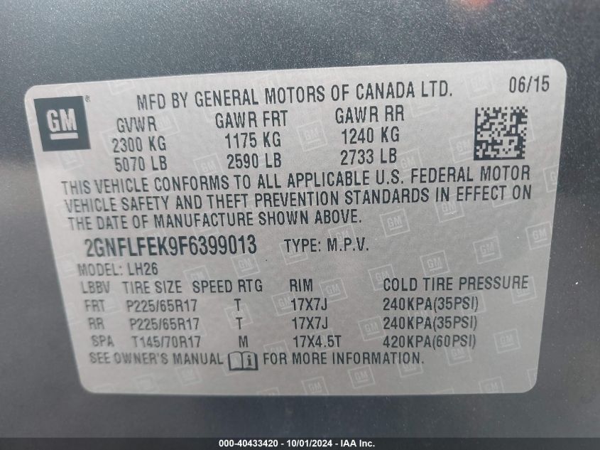 2GNFLFEK9F6399013 2015 Chevrolet Equinox Lt