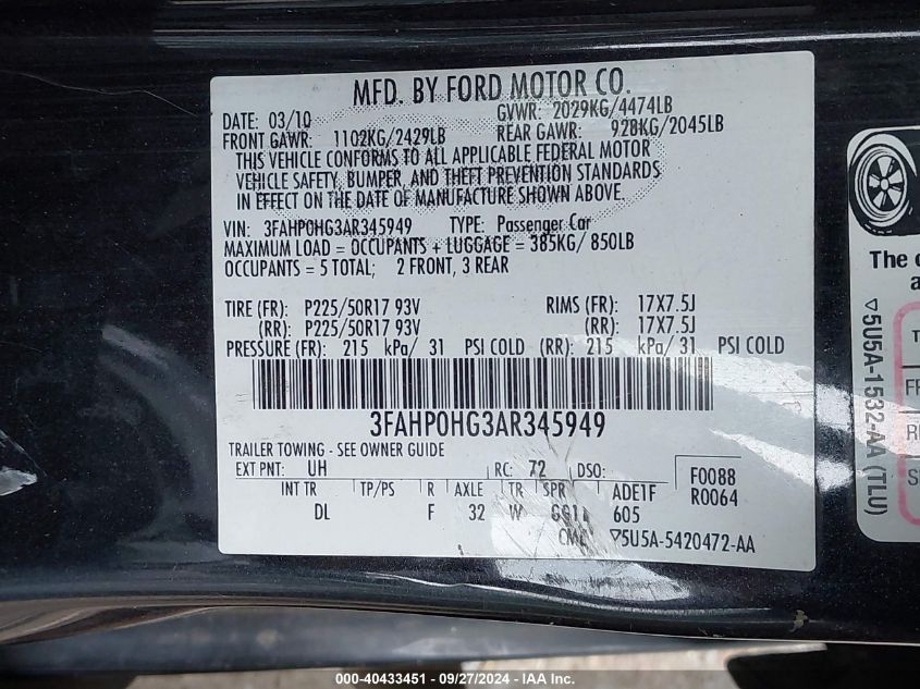 2010 Ford Fusion Se VIN: 3FAHP0HG3AR345949 Lot: 40433451