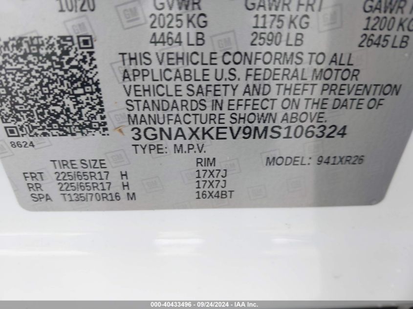 3GNAXKEV9MS106324 2021 Chevrolet Equinox Fwd Lt