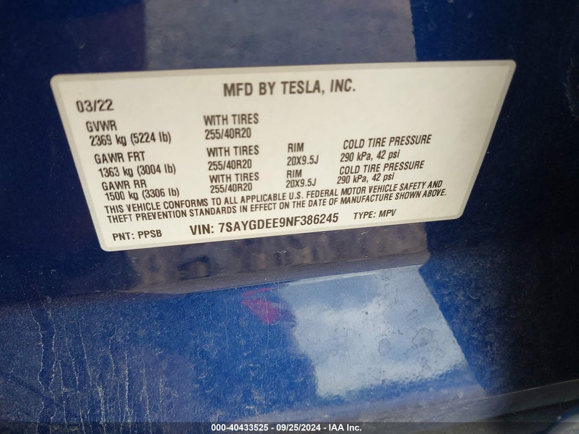 VIN 7SAYGDEE9NF386245 2022 TESLA MODEL Y LONG RANGE DUAL MOTOR ALL-WHEEL DRIVE