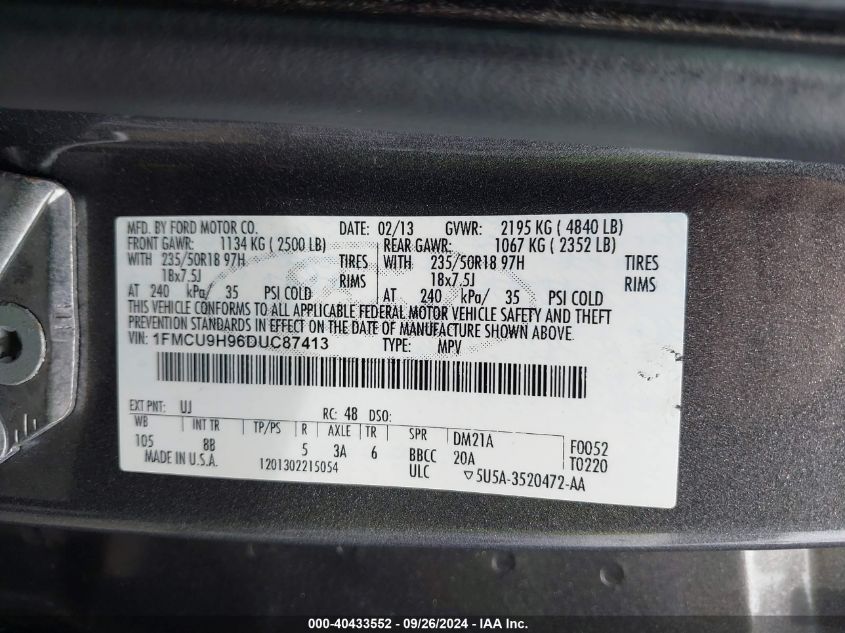 1FMCU9H96DUC87413 2013 Ford Escape Sel