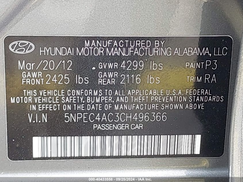 5NPEC4AC3CH496366 2012 Hyundai Sonata Se