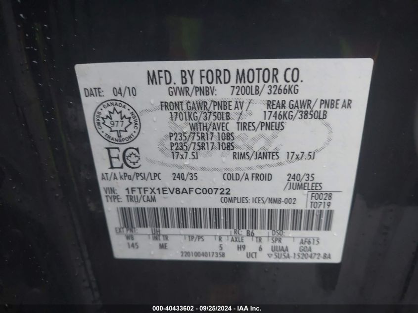 2010 Ford F-150 Fx4/Lariat/Xl/Xlt VIN: 1FTFX1EV8AFC00722 Lot: 40433602