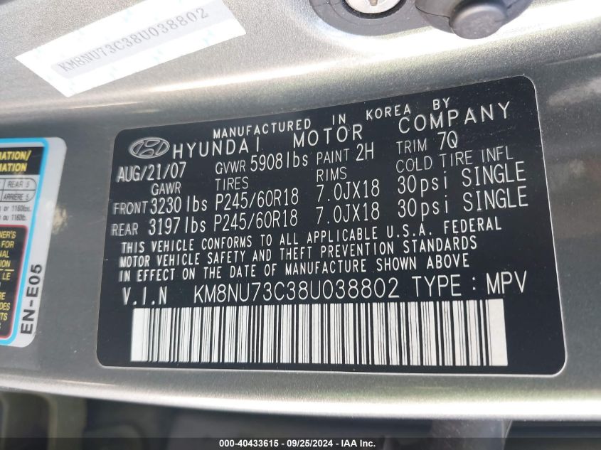 KM8NU73C38U038802 2008 Hyundai Veracruz Gls/Limited/Se