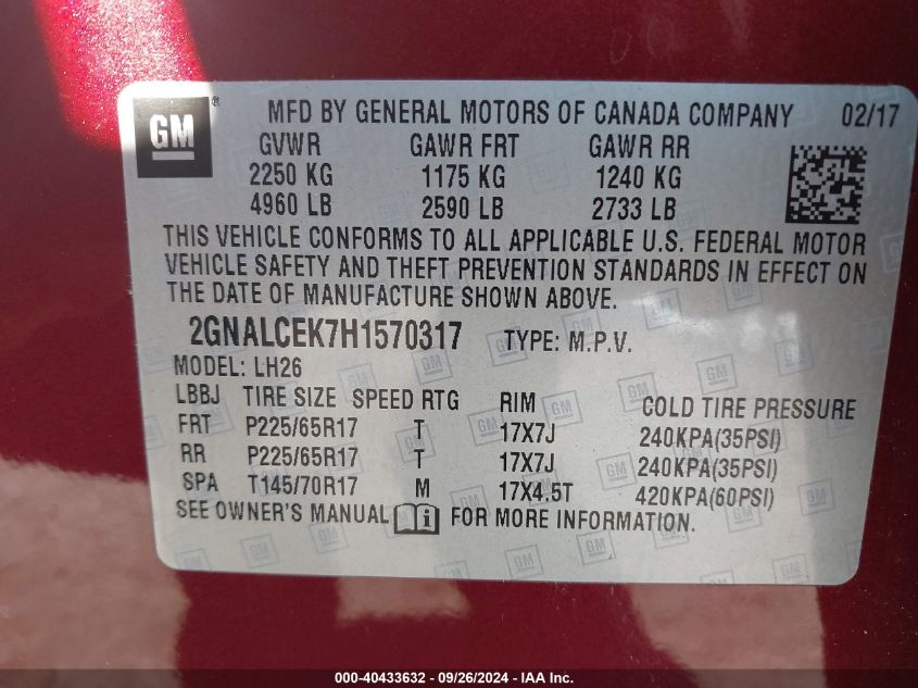 2GNALCEK7H1570317 2017 Chevrolet Equinox Lt