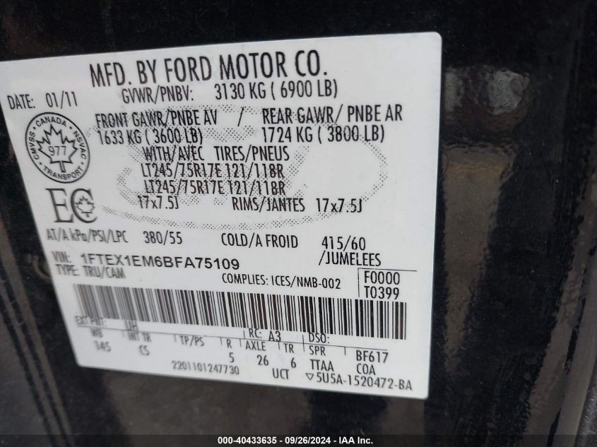 2011 Ford F-150 Xl VIN: 1FTEX1EM6BFA75109 Lot: 40433635