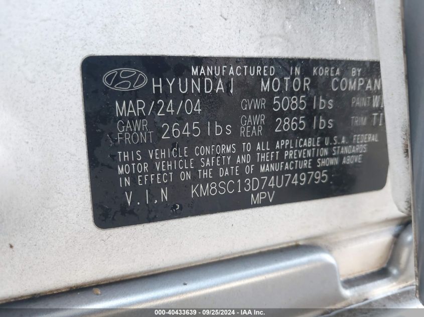 KM8SC13D74U749795 2004 Hyundai Santa Fe Gls