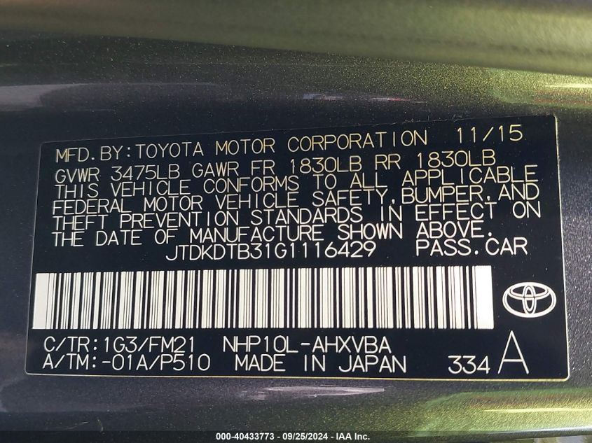 JTDKDTB31G1116429 2016 Toyota Prius C Two