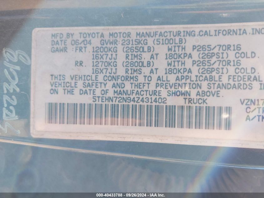 5TEHN72N94Z431402 2004 Toyota Tacoma Double Cab