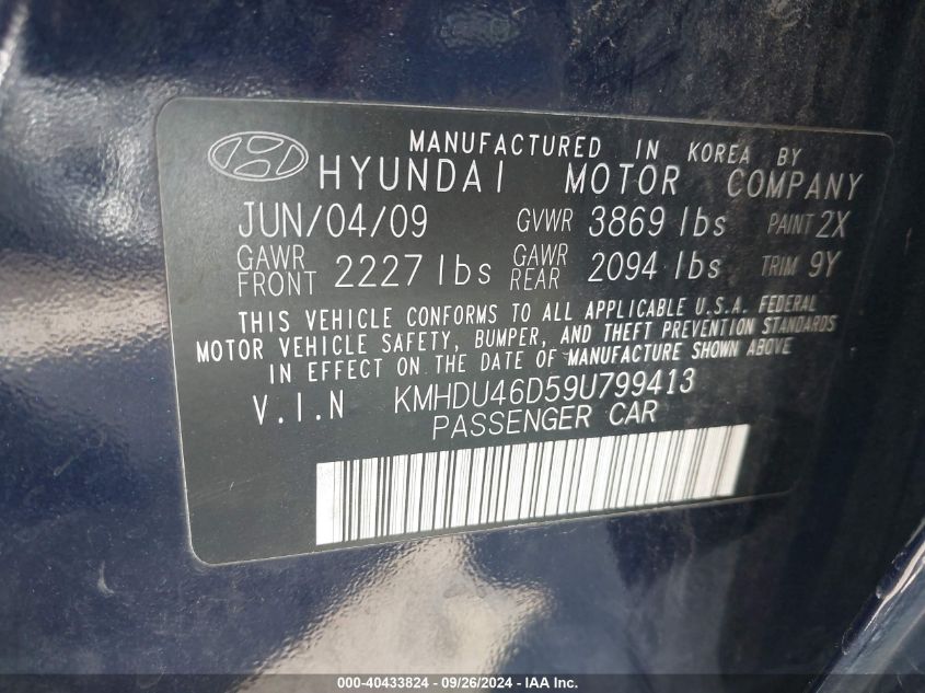 KMHDU46D59U799413 2009 Hyundai Elantra Gls