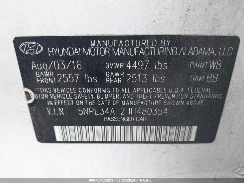 5NPE34AF2HH480354 2017 Hyundai Sonata Sport