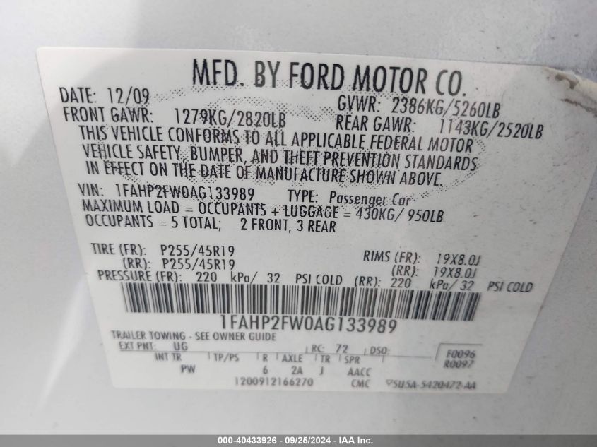 1FAHP2FW0AG133989 2010 Ford Taurus Limited