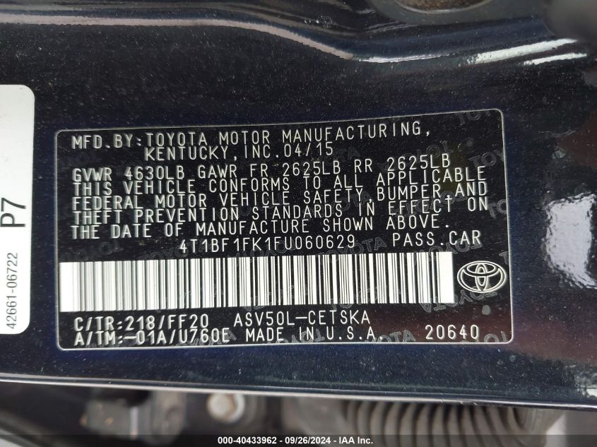 4T1BF1FK1FU060629 2015 Toyota Camry Le/Xle/Se/Xse