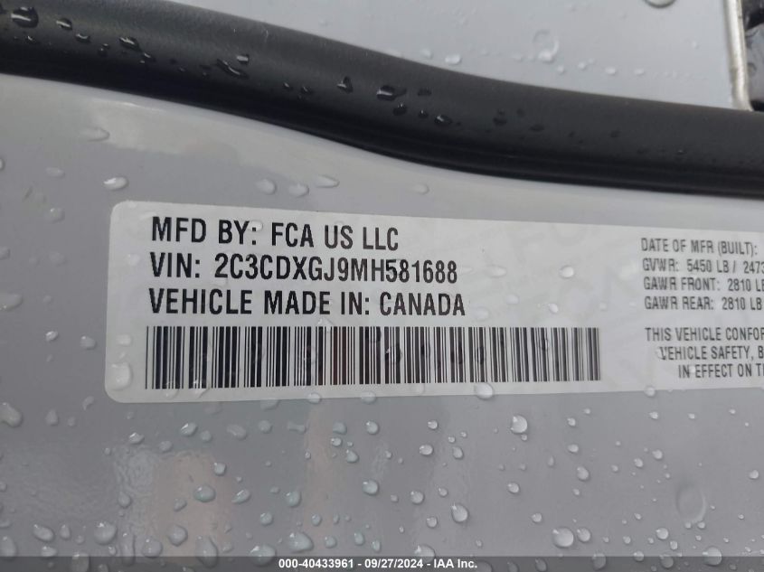 2021 Dodge Charger Scat Pack Rwd VIN: 2C3CDXGJ9MH581688 Lot: 40433961