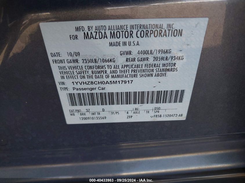 1YVHZ8CH0A5M17917 2010 Mazda Mazda6 I Touring