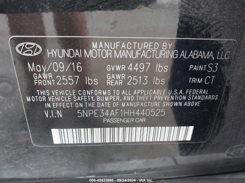 5NPE34AF1HH440525 2017 Hyundai Sonata Sport