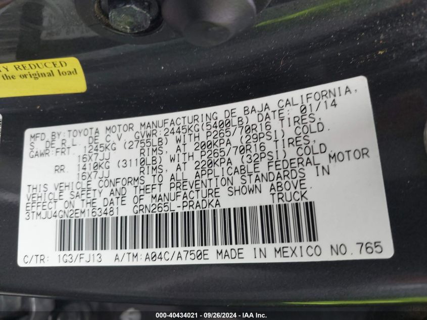 3TMJU4GN2EM163481 2014 Toyota Tacoma Prerunner V6