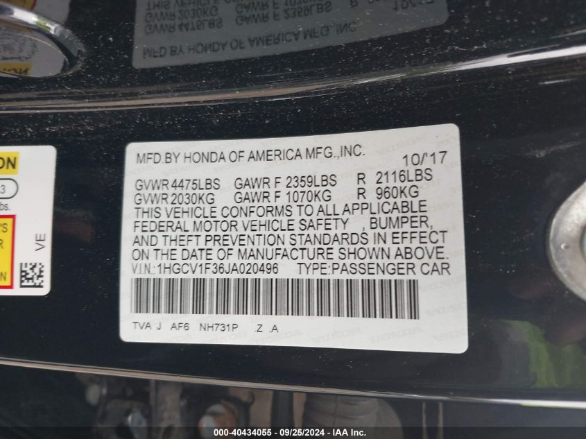 1HGCV1F36JA020496 2018 Honda Accord Sport