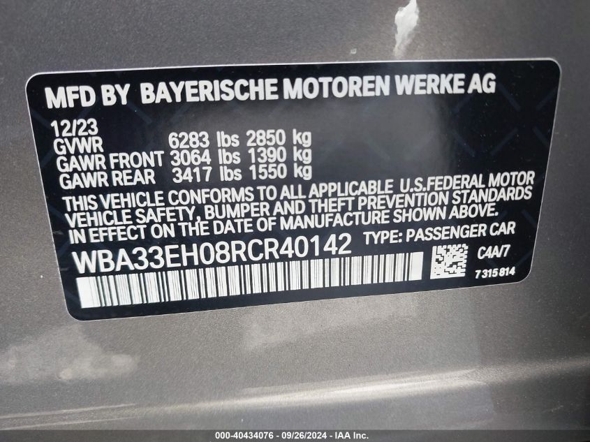 2024 BMW 740 Xi VIN: WBA33EH08RCR40142 Lot: 40434076