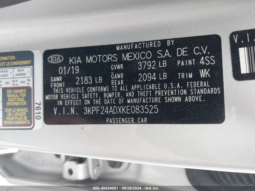 3KPF24ADXKE083525 2019 Kia Forte Lxs