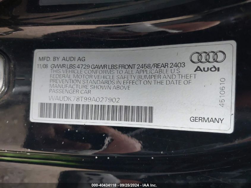 2009 Audi A5 3.2L VIN: WAUDK78T99A027902 Lot: 40434118