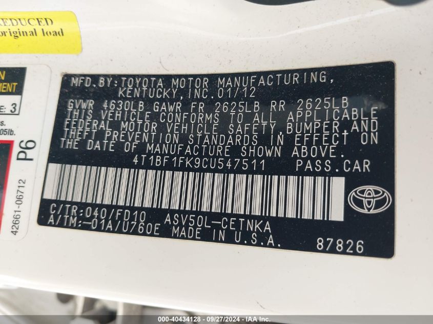 4T1BF1FK9CU547511 2012 Toyota Camry Le