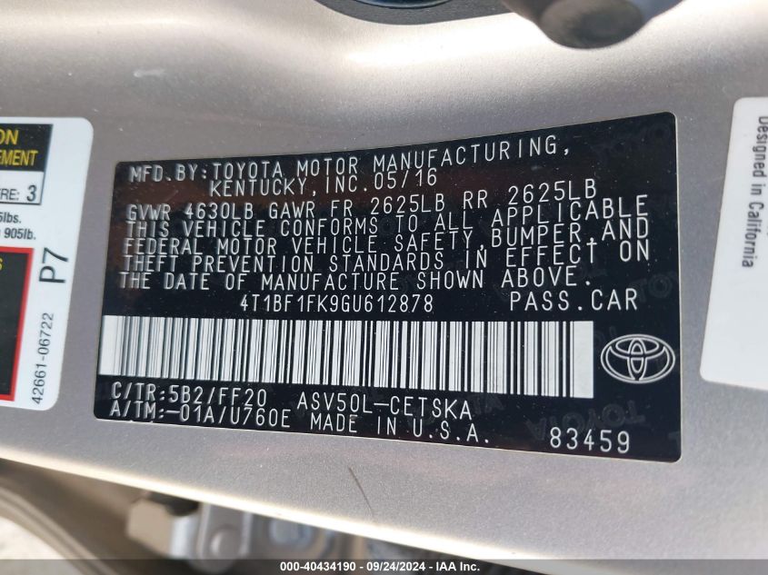 2016 Toyota Camry Se VIN: 4T1BF1FK9GU612878 Lot: 40434190