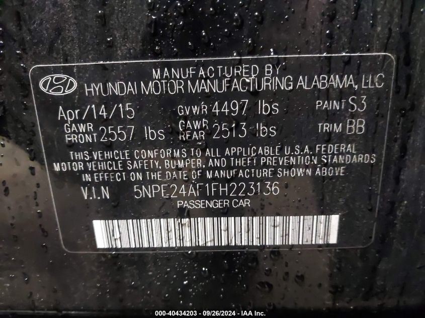 5NPE24AF1FH223136 2015 Hyundai Sonata Se