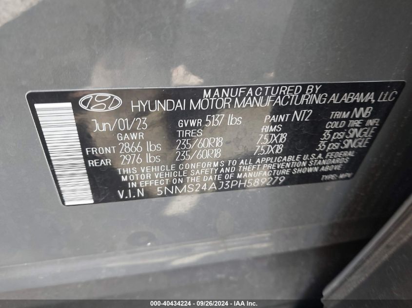 2023 Hyundai Santa Fe Sel VIN: 5NMS24AJ3PH589279 Lot: 40434224