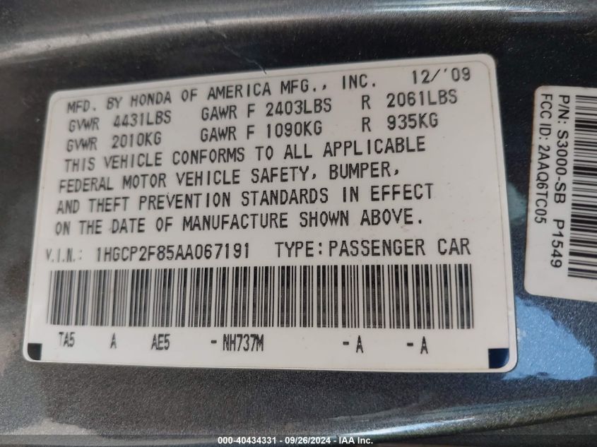 2010 Honda Accord 2.4 Ex-L VIN: 1HGCP2F85AA067191 Lot: 40434331