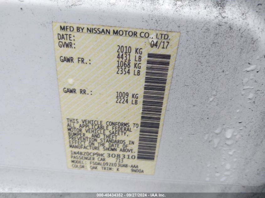 1N4BZ0CP9HC308310 2017 Nissan Leaf Sv