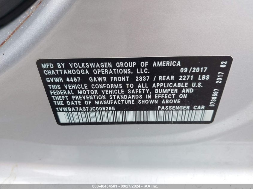 1VWBA7A37JC005295 2018 Volkswagen Passat 2.0T Se