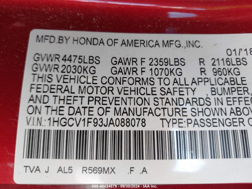 1HGCV1F93JA088078 2018 Honda Accord Touring