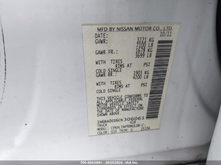 2012 Nissan Titan Sv VIN: 1N6BA0ED6CN306061 Lot: 40434581