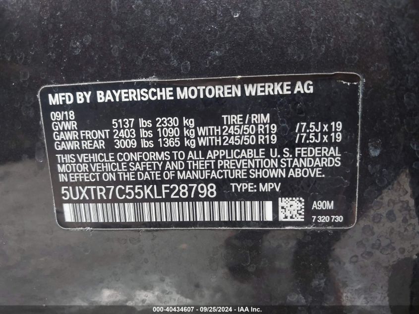 5UXTR7C55KLF28798 2019 BMW X3 Sdrive30I