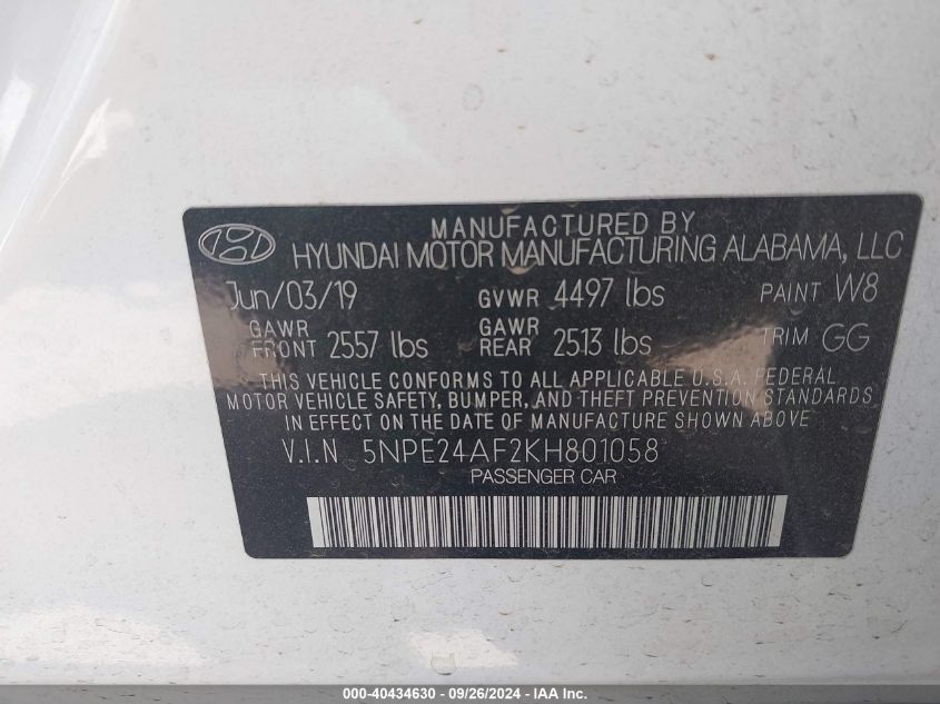 5NPE24AF2KH801058 2019 Hyundai Sonata Se