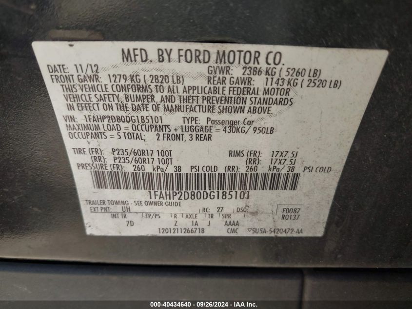 1FAHP2D80DG185101 2013 Ford Taurus Se