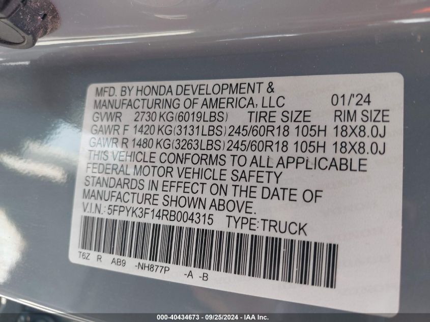 2024 Honda Ridgeline Sport VIN: 5FPYK3F14RB004315 Lot: 40434673