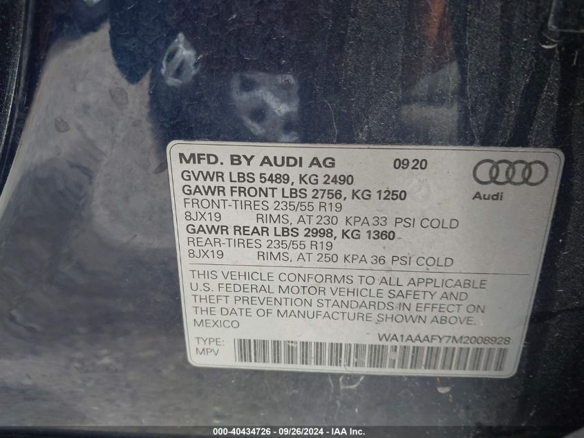 2021 Audi Q5 Premium 45 Tfsi Quattro S Tronic VIN: WA1AAAFY7M2008928 Lot: 40434726