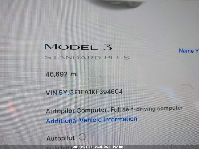 2019 Tesla Model 3 Long Range/Mid Range/Standard Range/Standard Range Plus VIN: 5YJ3E1EA1KF394604 Lot: 40434736