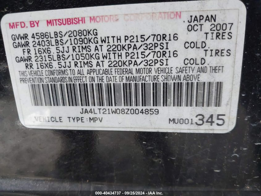 2008 Mitsubishi Outlander Es VIN: JA4LT21W08Z004859 Lot: 40434737