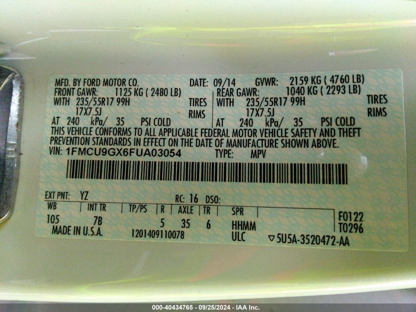 1FMCU9GX6FUA03054 2015 Ford Escape Se