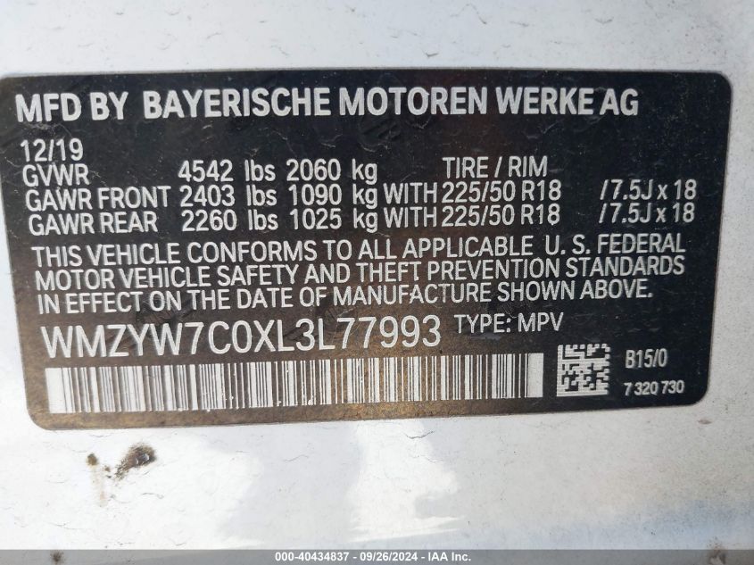 2020 Mini Countryman Cooper S VIN: WMZYW7C0XL3L77993 Lot: 40434837