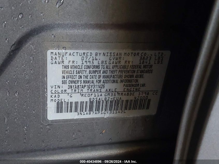 3N1AB7AP1GY311426 2016 Nissan Sentra S/Sv/Sr/Sl