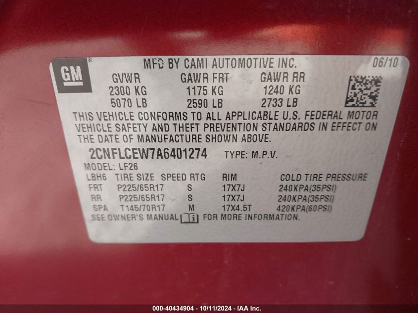 2CNFLCEW7A6401274 2010 Chevrolet Equinox Ls