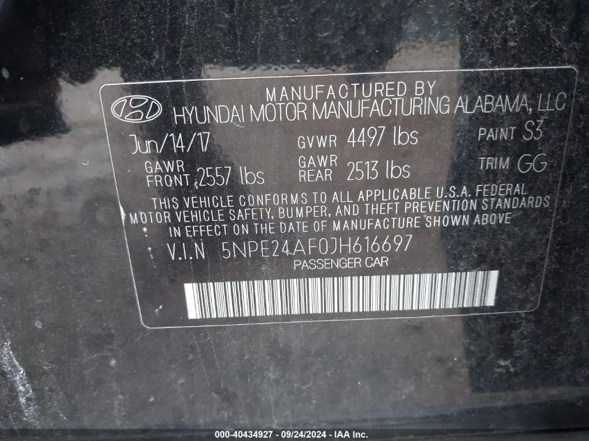 5NPE24AF0JH616697 2018 Hyundai Sonata Se