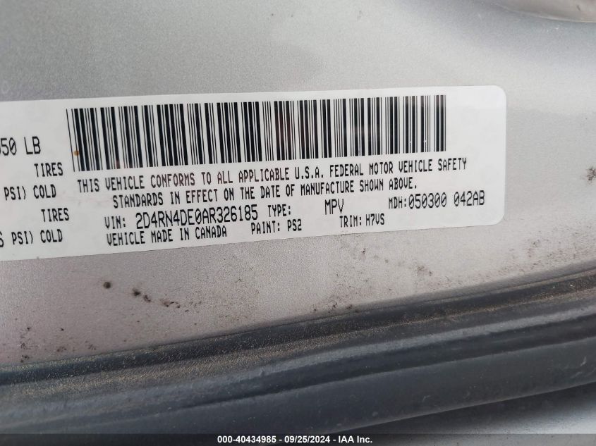 2010 Dodge Grand Caravan Se VIN: 2D4RN4DE0AR326185 Lot: 40434985