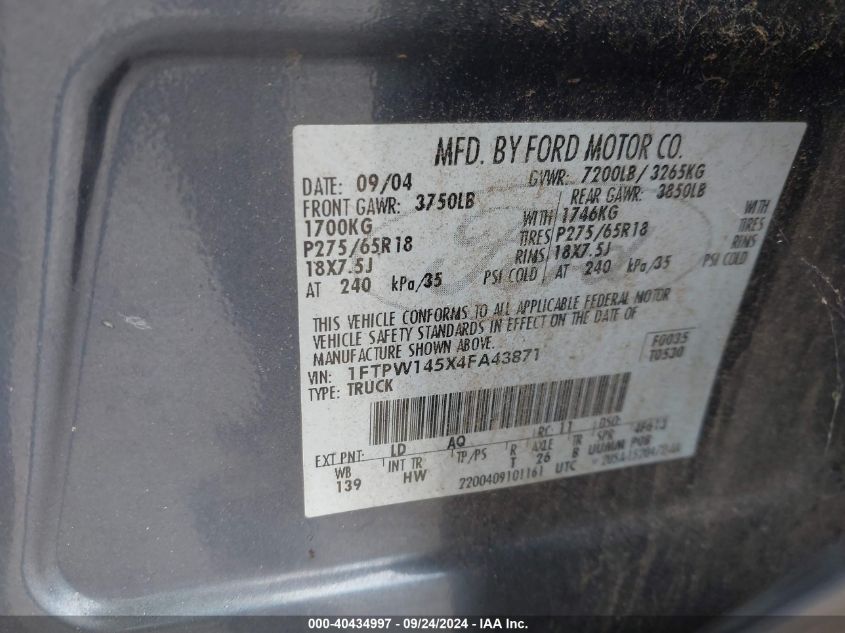 2004 Ford F-150 Fx4/Lariat/Xlt VIN: 1FTPW145X4FA43871 Lot: 40434997
