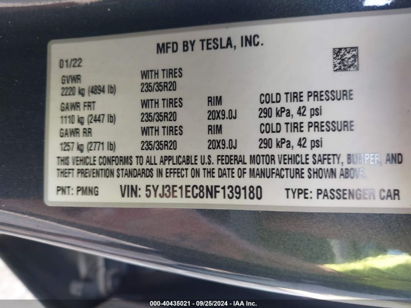 2022 Tesla Model 3 Performance Dual Motor All-Wheel Drive VIN: 5YJ3E1EC8NF139180 Lot: 40435021