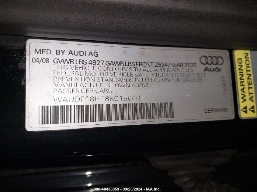 2008 Audi A4 2.0T VIN: WAUDF48H18K015640 Lot: 40435059